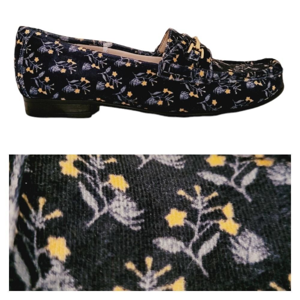 CABI horse bit buckle loafers flats floral velvet blue yellow 7